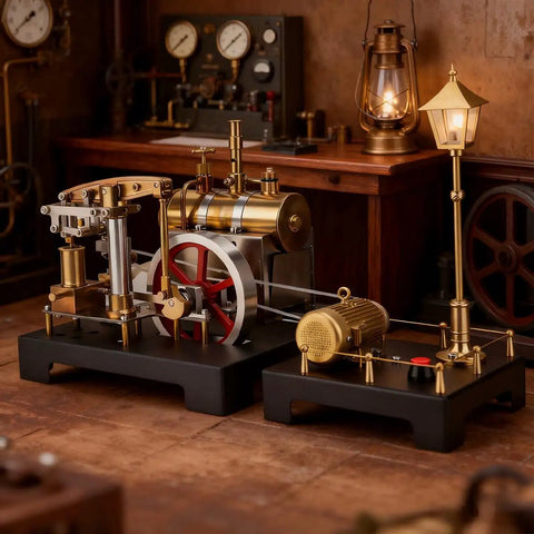 Steam Engine Model Kit With Boiler And Lamp Scene, metal beam engine on display with lamp and controls