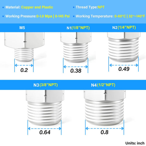 Blue Push To Connect Air Hose Fittings Kit Set with copper and plastic construction, showing dimensions of different NPT sizes.