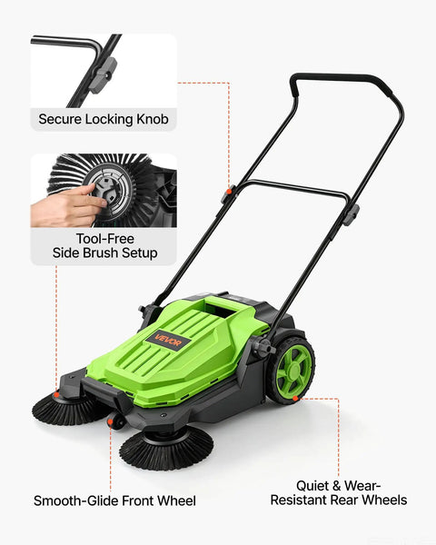 VEVOR Walk-Behind Floor Sweeper With 25.6 Inches Wide Brush And Big Waste Bin showing secure locking knob and brush setup.