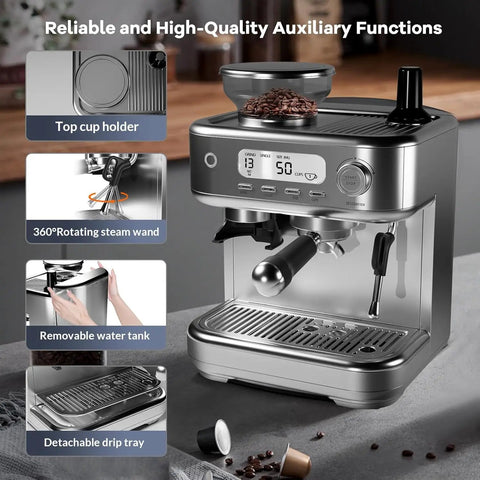 Top Shelf Espresso Machine With Integrated Grinder And Auto Milk Frother For Home Baristas Craving That Straight Up Cafe Kick Featuring A Super Clear Lcd Display And Durable Stainless Steel Chassis For Zero Hassle Morning Brews showing top cup holder, steam wand, and removable water tank.