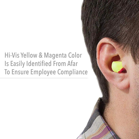 Person wearing Laser Lite High Visibility Disposable Foam Earplugs with Self-Adjusting Fit, NRR 32 Noise Reduction, Vibrant Yellow Color