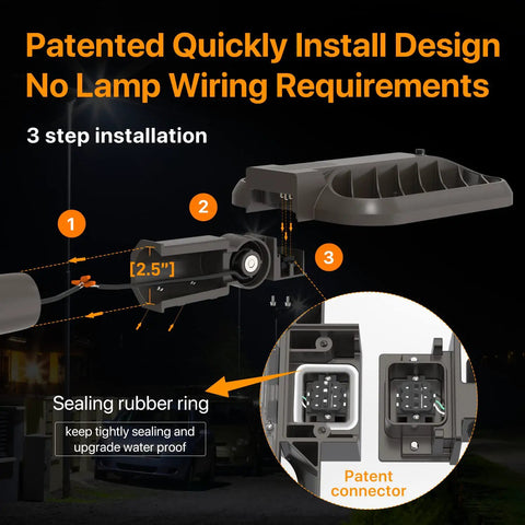 200W LED Parking Lot Light With 30000 Lumens, Slip Fit Mount, shows quick install design with sealing rubber ring and connector.