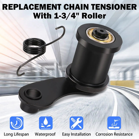 Heavy Duty Chain Tensioner With One And Three Quarter Inch Roller for mini bikes and powersports, shown with spring and components.