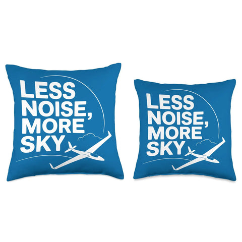 Sailplane Pilot Throw Pillow For Aero Tow Crew And Glider Fans Who Live For Silent Lift Thermals Ridge Soaring Towplane Launches Final Glide And Club Flight Days Shared By Students In Training Or Weekend Pilots showing 'Less Noise, More Sky' text and glider graphic on blue fabric.