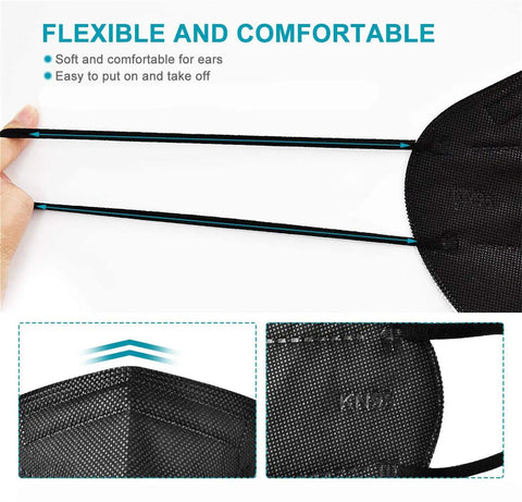 Close-up of Black Five Layer KN95 Face Mask Cup Design For Dust Protection with elastic ear loops and skin friendly texture