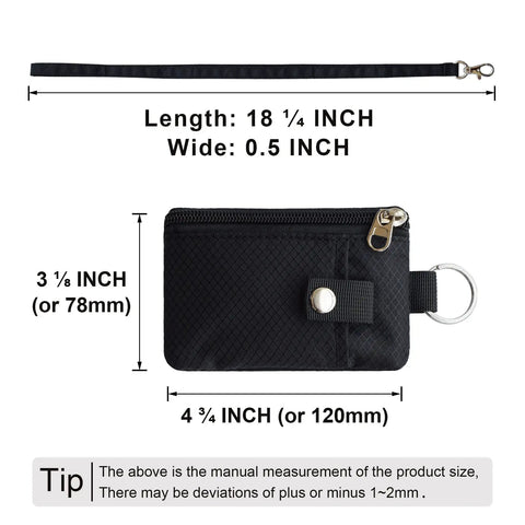 Ultra Slim RFID Blocking Wallet With ID Window And Lanyard, Water Resistant Zip Case dimensions and lanyard shown