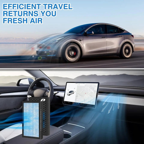 Tesla Model 3 Cabin Air Filter And Model Y Replacement 2 Pack 3 Stage Filtration for fresher interior air, car dashboard view.