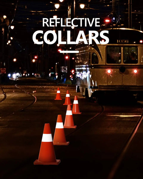 12 Pack 18 Inch Traffic Safety Cones With Reflective Collars lining a road at night, highlighting their visibility and durable PVC construction.