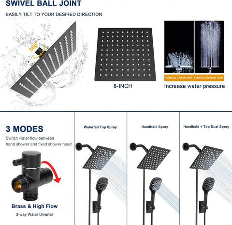High Pressure Shower Head With Hose And Handheld Spray 3 Settings Push Button Flow Control 8 Inch Matte Black Stainless Steel Rain Shower Combo Built For Big Rain Power And Easy Clean with 8-inch square head and swivel ball joint.
