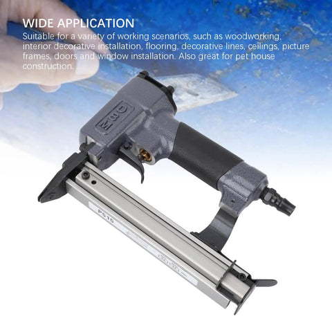 Husky 18 Gauge Pneumatic Brad Nailer With Clear Viewing Window And Lightning Fast Jam Release Slick Aluminum Air Nail Tool close-up on handle and nozzle.