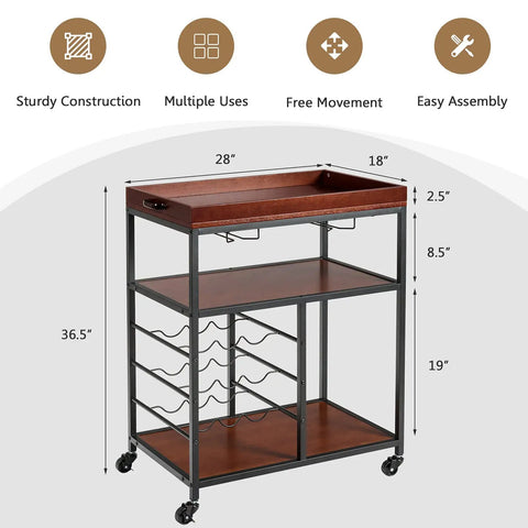 Slick Rolling Kitchen Island Cart With Rustic Brown Wood And Steel Frame, 28x18x36.5 inches, perfect for drinks and snacks storage.