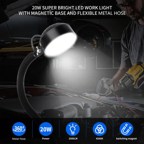 Hella Bright 2000 Lumen Magnetic Work Light With Flexible Arm And Rock Solid Base For Lathes Workbenches And Heavy Duty Premium Industrial Workshops In Black illuminating an engine with a flexible metal hose.