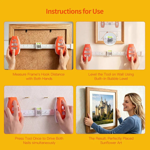 Instructions for use of Slick 3 In 1 Picture Hanging Tool With Built In Bubble Level And Magnetic Nail Setter for precise placement.
