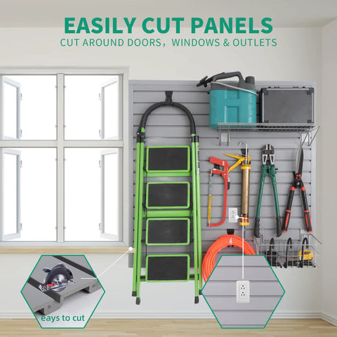Heavy Duty PVC Slat Wall Panels For Garage Storage Built Different Power Tool Organizer Wall Mount Rack Rock Solid And Hella Strong Waterproof Paneling Grey 4X8 Feet with cut panels and tools on display.