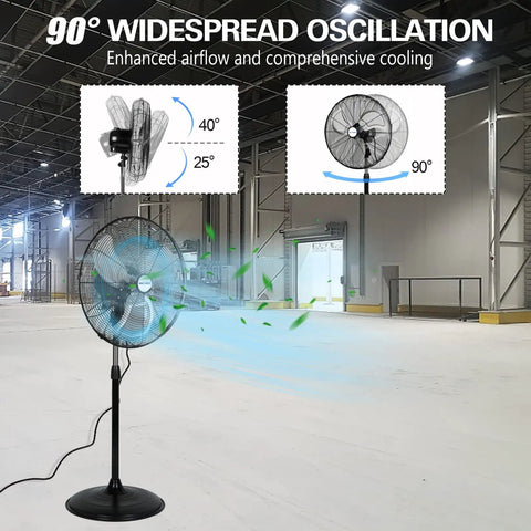Powerful 20 Inch High Velocity Industrial Pedestal Fan with 5200 CFM in a warehouse, showing 90-degree oscillation