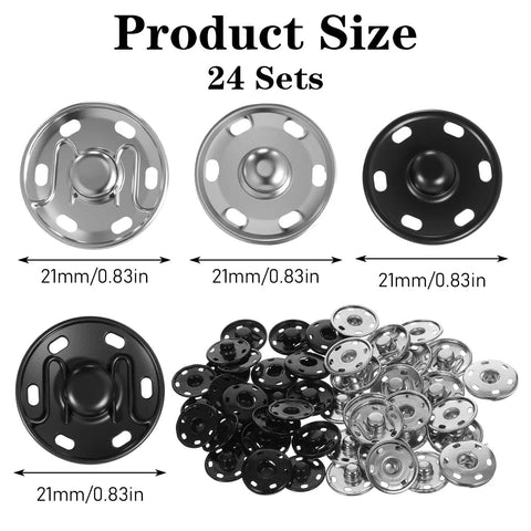 21Mm Large Press Stud Snaps For Clothing Sew On Heavy Duty Metal Snap Fasteners Black And Silver For Jackets Coats Bags And DIY Repairs Durable Rust Resistant Craft Hardware shown in 24 sets size and close-up of black and silver snap fasteners.