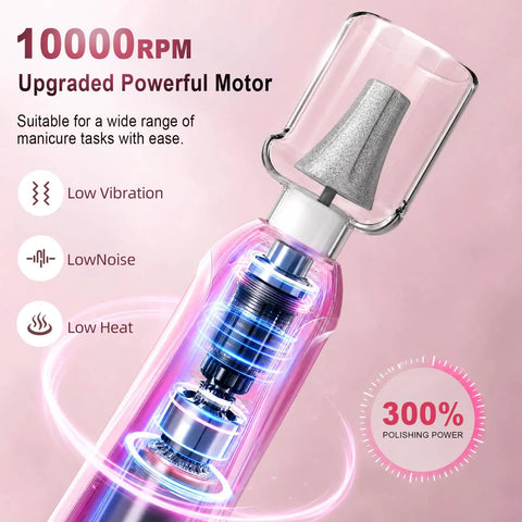 Beast Mode Heavy Duty Electric Nail Drill And Cordless Nail File Rechargeable Professional Manicure Kit With Ten Grinding Heads For Flawless Gel Removal And Salon Grade Home Pedicures Rose Pink showcasing 10000 RPM motor and design details.