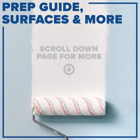 Paint roller applying Prime All Multi Surface Primer For Interior And Exterior Use, 100 Percent Acrylic With Strong Sealing, Stain Blocking, No Mess Easy Apply, Works Like A Charm, Quick Drying Mildew Resistant Coating, Topcoat In About An Hour White on blue wall.