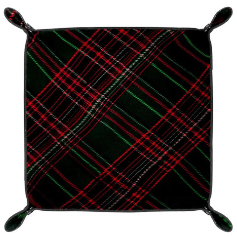 Slick Dark Green Tartan Valet Tray For Nightstand And Desk Go To Catch All Storage Dish For Keys Coins Watch Jewelry And Wallet Durable Microfiber Leather Organizer Pad, top view with plaid pattern.