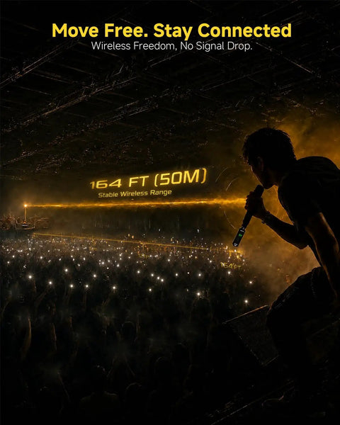 Silhouette of a singer on stage during a live show with 164ft range text, showcasing 2.4GHz Wireless XLR Transmitter And Receiver Set.