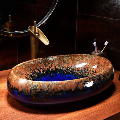 Gotta Love This Vintage Hand Painted Ceramic Vessel Bathroom Sink For Countertop Vanity with vibrant blue and brown colors, 58x33x10cm ceramic wash basin.