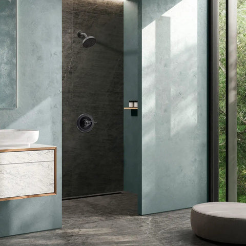Modern bathroom shower with Pressure Balancing Valve Trim Replacement For D14 Series Matte Black With Easy Adjust Lever Handle.