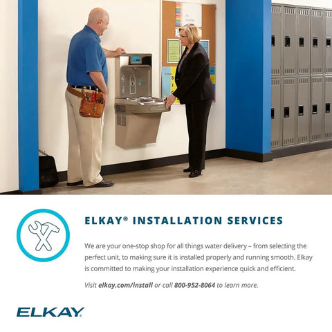 Technicians installing Elkay water cooler with Aqua Sentry inline replacement filter for quick and easy use.