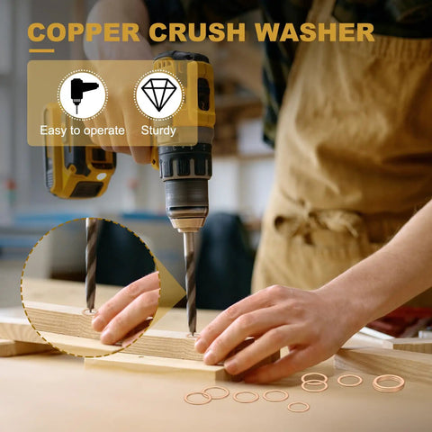 Heavy Duty Copper Crush Washers 50 Pack M16 16Mm ID 20Mm OD Thick Sealing Rings for Oil Drain Plugs being used with a drill.
