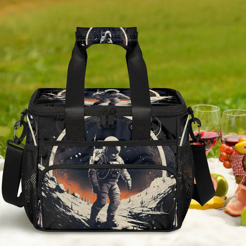 Insulated Picnic Backpack With Lunch Box For Women And Men, spacious 12 by 8.7 by 10 inch tote with astronaut design on blanket.