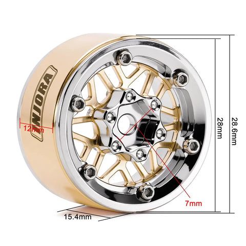 Beadlock ModuWheel Set 1.0 For TRX4M SCX24 1 18 1 24 RC Crawlers Pack Of 4 Beadlock Wheels With Replaceable Faces Brass Aluminum Construction Negative Offset 4.4mm For Wider Stance 28mm Diameter 15.4mm Wide showing dimensions