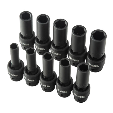 Ten Piece One Half Inch Drive Deep Universal Metric Impact Socket Set With Radius Corner Design, CR MO Alloy Steel arranged in rows