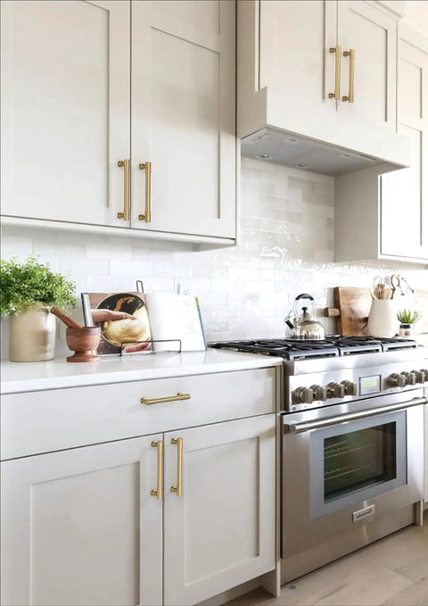 Five Pack Champagne Bronze Cabinet Pulls 5 Inch 128mm Solid Zinc Alloy Kitchen Handles on white cabinets