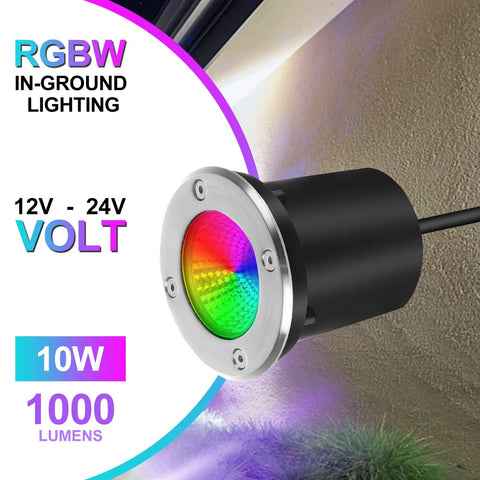 10W RGBW Landscape Lights for Outdoors Low Voltage 12-24V Well Lights in black casing with multicolor LED display