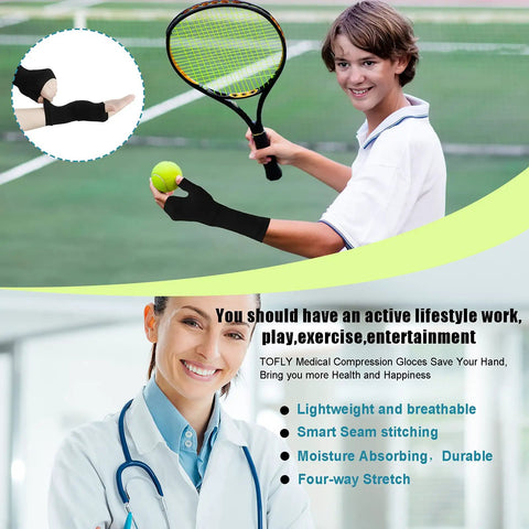 Person playing tennis wearing Four Pack Palm Brace Wrist Support Sleeves For Men And Women, All Day Comfort, Carpal Tunnel Relief, Compression Gloves For Hand Pain, Fitness And Sports Gear, Black And Nude, Size 3.5 To 4.3 Inches.