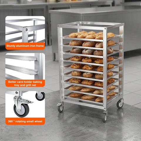 Heavy Duty 9 Tier Commercial Cooling Rack With Smooth Roll Locking Casters, Solid Aluminum Build, Space Saving Bakery Sheet Pan Holder, Sick Storage Cart For Any Bustling Kitchen Crew holding various baked goods.