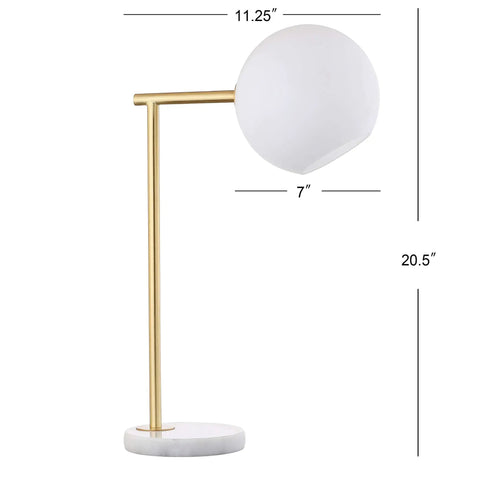 Gold And White Modern Metal Marble LED Bedside Lamp With Frosted Glass Globe Shade Sleek Minimalist Scandinavian Style For Bedroom And Living Room Includes Energy Saving LED Bulbs ETL Listed side view showing dimensions