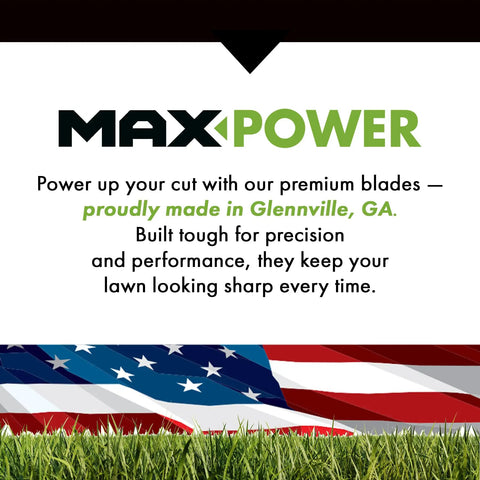 MaxPower brand graphic highlighting premium 3-N-1 replacement blades made in Glennville, GA, with American flag background.