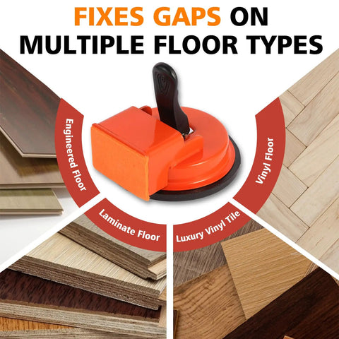 Floor Gap Repair Tool For Laminate Wood Tile And Vinyl Floors With Durable Iron Build Compact Design And Rubber Hammer Suction Cup Feature Makes Gap Fixes Quick And Clean No Mess Designed For DIY Home Floors, showing orange suction tool and floor types.