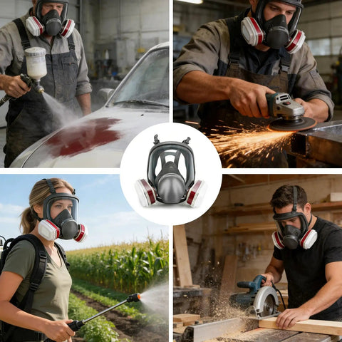 Top Tier Full Face Respirator Mask With Replaceable Filters Slick Silicone Contour Fit Adjustable Harness for spray painting and woodworking.