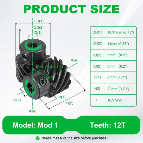 Dimensions of Left Hand Helical Gear Set 12T 5mm Bore 2 Pcs M4 Screws 45 Degree Spiral Gear Hardened 1045 Steel Black Oxide Finish