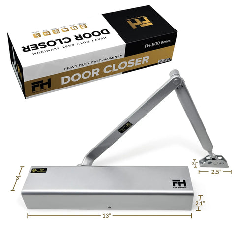 Beefed Up Commercial Door Closer Automatic For High Traffic Doors Adjustable ANSI BHMA Grade 1 with box and dimensions shown