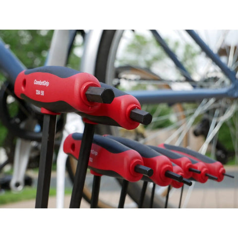 Close-up of Metric T Handle Set With Soft Grip Ball End Hex Tools Eight Piece for high torque applications with bike.