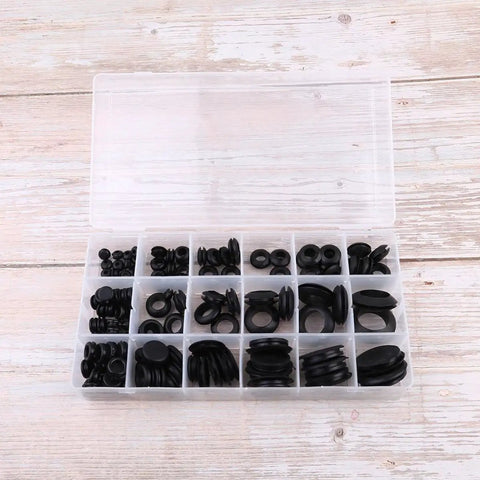 All Purpose Grommet And Rubber Gasket Kit 125 Piece Black Seal Box Heat Resistant Seals For Hoses Faucets Car And Bearing Applications Replacement Ideal For Plumbing Automotive And DIY Projects Easy Install For Quick Fixes, open case with black rubber grommets