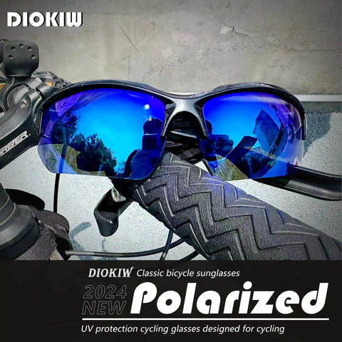 Fly 4 Pack Polarized Sunglasses For Men Featuring Uv400 Anti Glare Protection Lightweight Half Frame Design Ride Ready For Cycling Running And Fishing Clean Shades resting on bike handlebars with blue lenses.