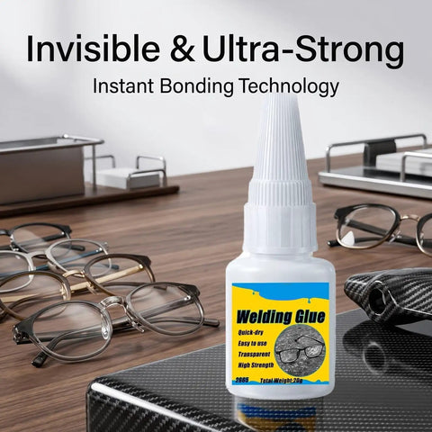 Heavy Duty Eyeglasses Repair Glue For Busted Frames Yields Hella Tough Rock Solid Bond Quick Dry Formula in a clear bottle beside broken glasses.
