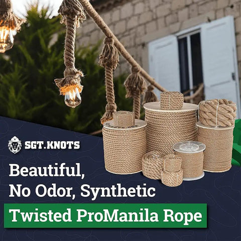Twisted Polypropylene UnManila Rope in tan with multiple spool sizes, ideal for decorative and industrial use outdoors