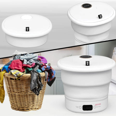 Ultra Compact Portable Washing Machine For Camping And RV Life Foldable Bucket Washer for Travel in Small Spaces next to laundry basket.