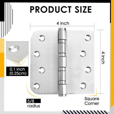 Heavy Duty Premium Stainless Steel Door Hinges Built Tough With Top Tier Ball Bearing Action So You Cannot Even Hear Them Moving While Securing Doors Perfectly With 3 Pack showing 4 inch square hinge dimensions and details.