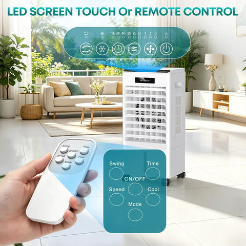 Beast Mode Cooling 8000 BTU Windowless Portable AC in living room with remote control and touch screen display.