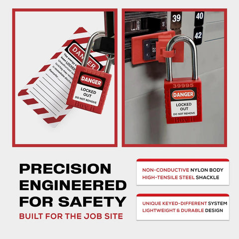 10 Red Lockout Tagout Padlocks Set Keyed Differently With Two Keys Each Rugged Nylon Body Stainless Steel Shackle Close-up